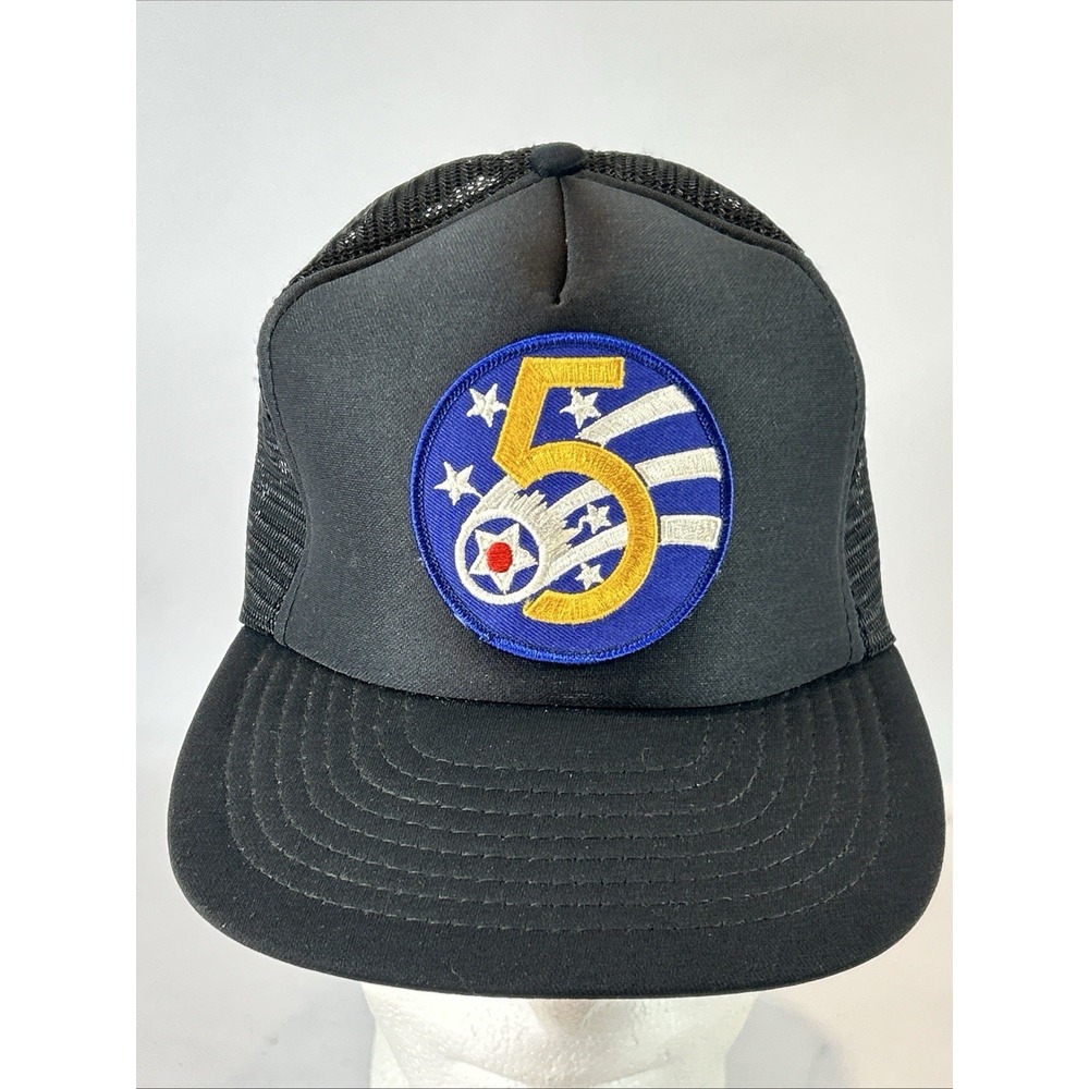 Vintage Hat Cap WWII Army Air Corps 5th Air Force Patch Trucker Mesh Flat Brim